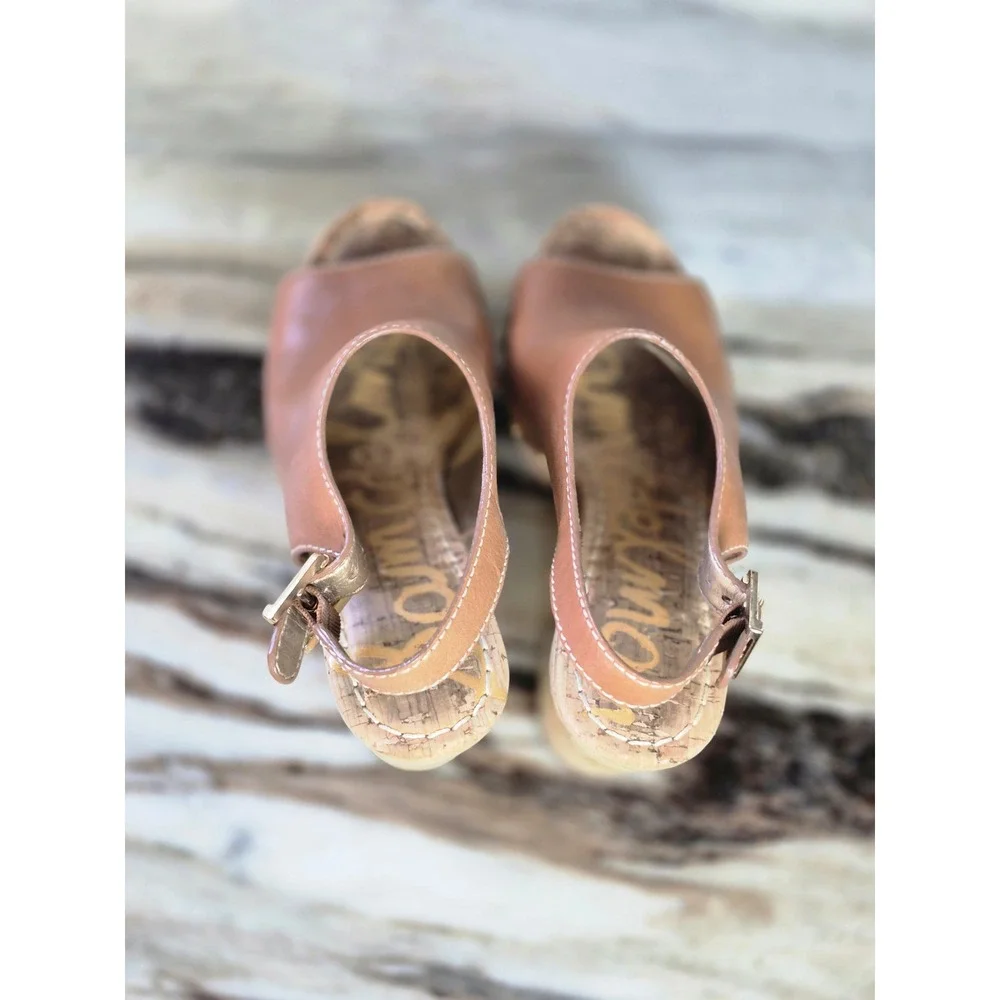 Sam Edelman Marley Tan Leather Wood Platform Studded Slingback Sandals 6.5M